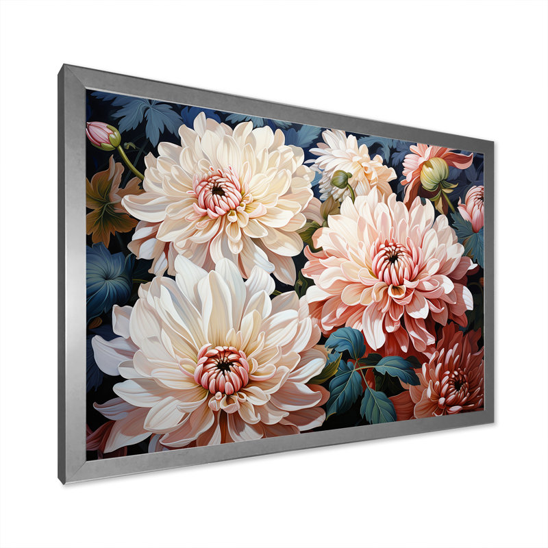 Chrysanthèmes rose et blanc collage I - décoration murale de chrysanthèmes, Cadre simple argenté, H 16 po x l 32 po x P 1 po