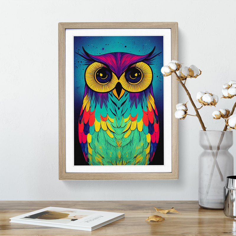 Paint Splashed Owl No.3 - Framed Print, 64cm H x 46cm W x 2cm D, Oak