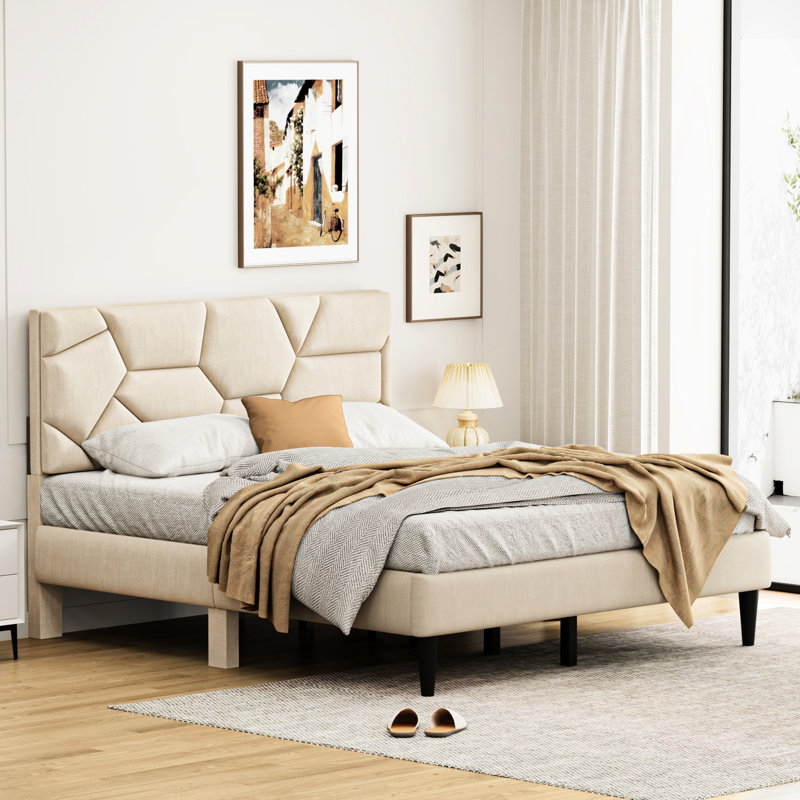 Structure de lit pour grand lit beige - solide, silencieuse, sans sommier, avec cadre de rangement de taille optionnelle, rangement inférieur, assemblage facile