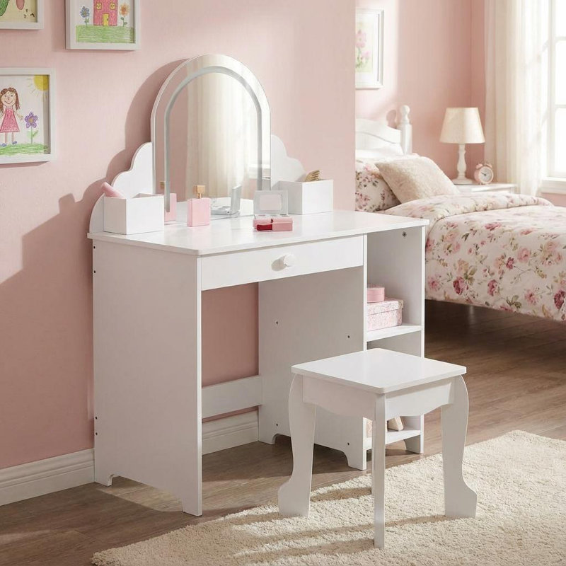 Kids Vanity Table and Chair Set, Girls Dressing Table with Storage Shelves & Drawer, Children Study Desk with Storage Grids