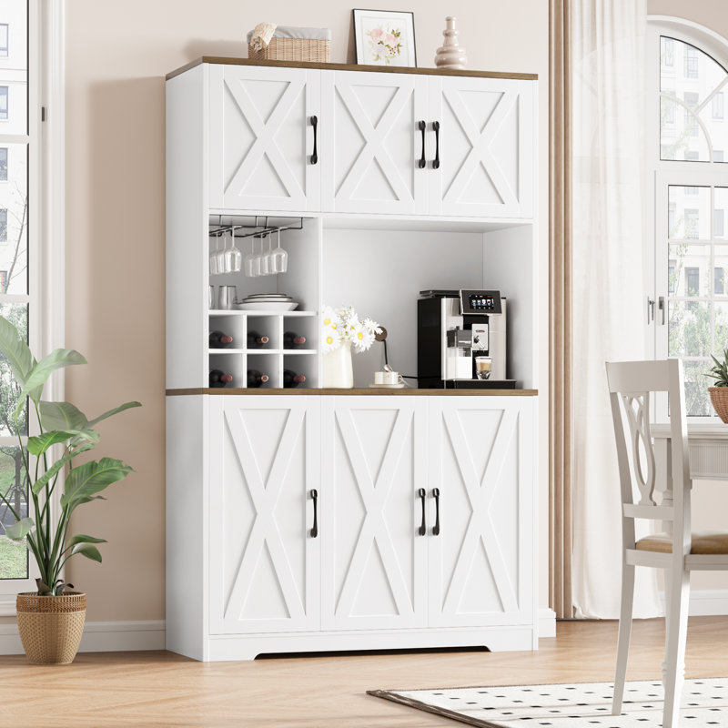 Hempel 70.9" Stand Alone Kitchen Pantry With Microwave Shelf, Wood Storage Pantry Cabinet With Removable Wine Rack, White