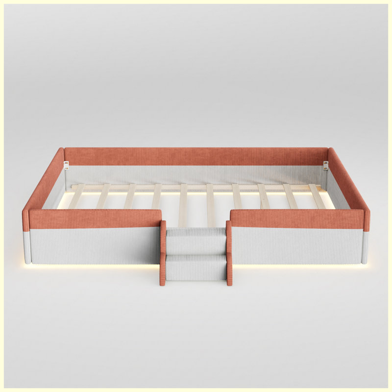 Structure de lit tapissier pour grand lit avec lumières à DEL et clôture de plancher et marches à 2 niveaux Blanc, Queen