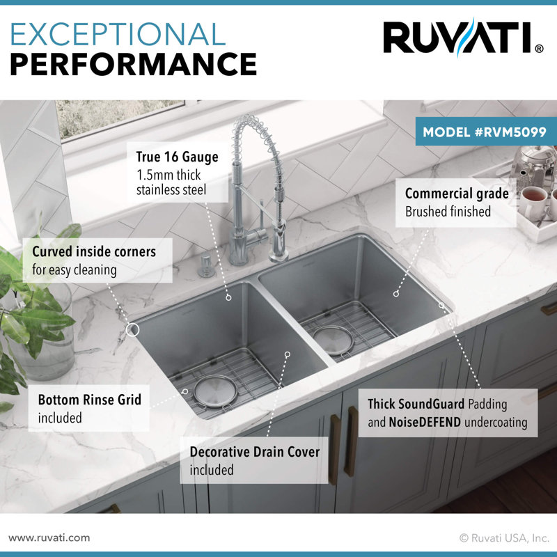 Ruvati 32-inch Undermount Kitchen Sink 16 Gauge Stainless Steel, 50/50 Double Bowl
