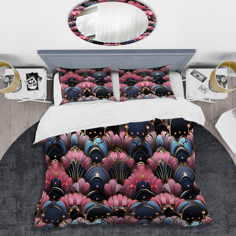 Damask Pink And Blue Art Deco Pattern I Abstract Duvet Cover, King Duvet Cover + 2 King Shams