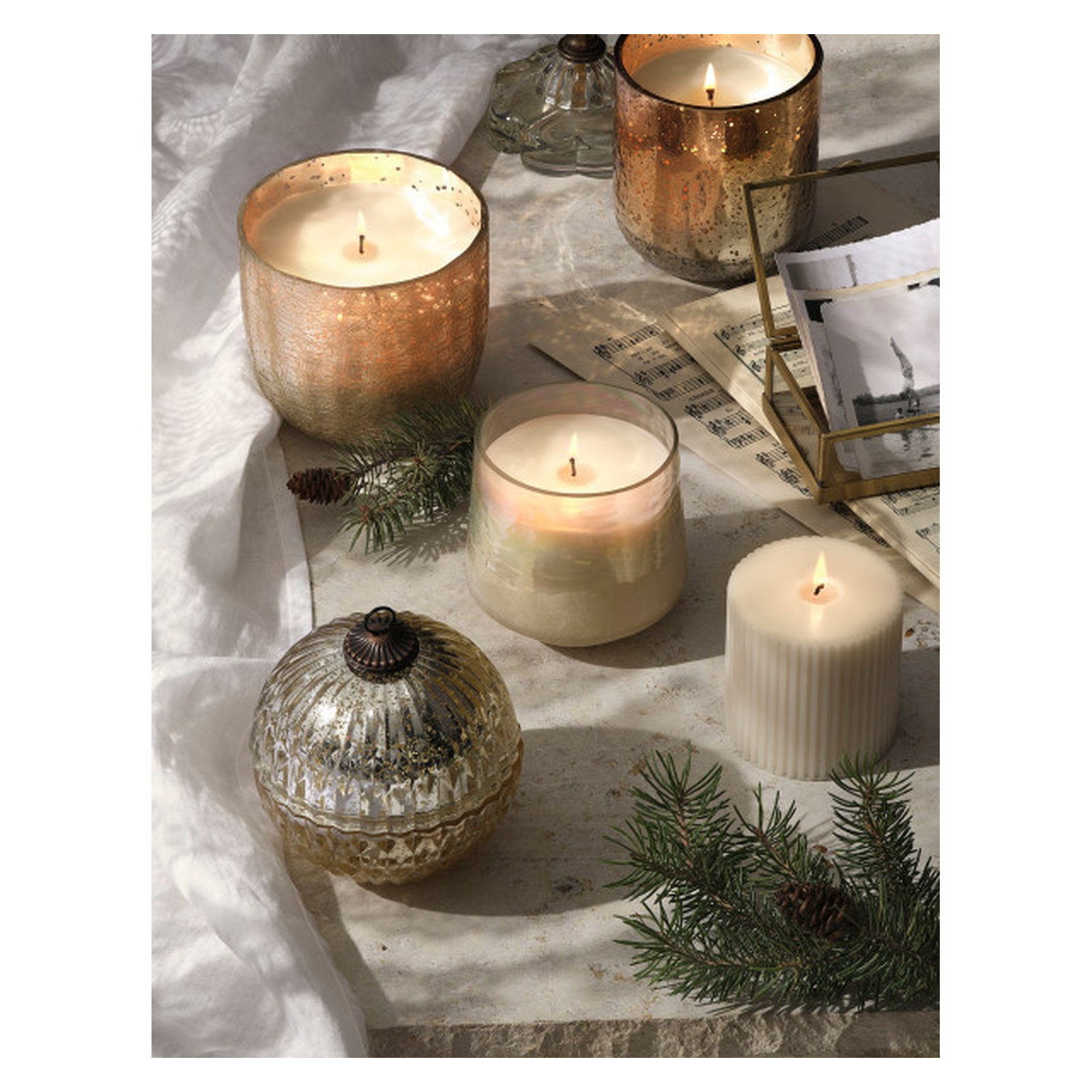 Noble Holiday Winter White Candle, Glass Ornament