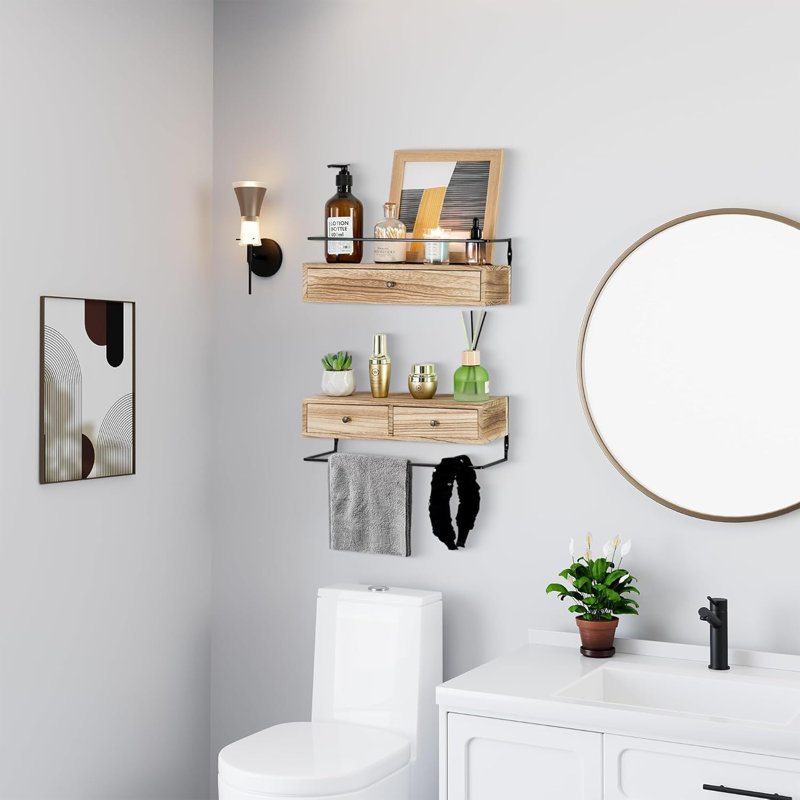 Tablettes flottantes murales avec tiroirs - Ensemble de 2 tablettes en bois rustique pour la salle de bain, la chambre à coucher, la cuisine, le salon - Fabrication robuste en bois massif et en métal pour la décoration intérieure et le rangement