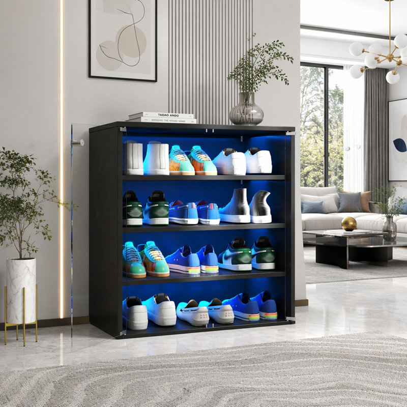 Boîte de rangement empilable pour chaussures en bois avec éclairage à DEL RVB et porte en verre pour présentation de chaussures, organisateur à 4 niveaux