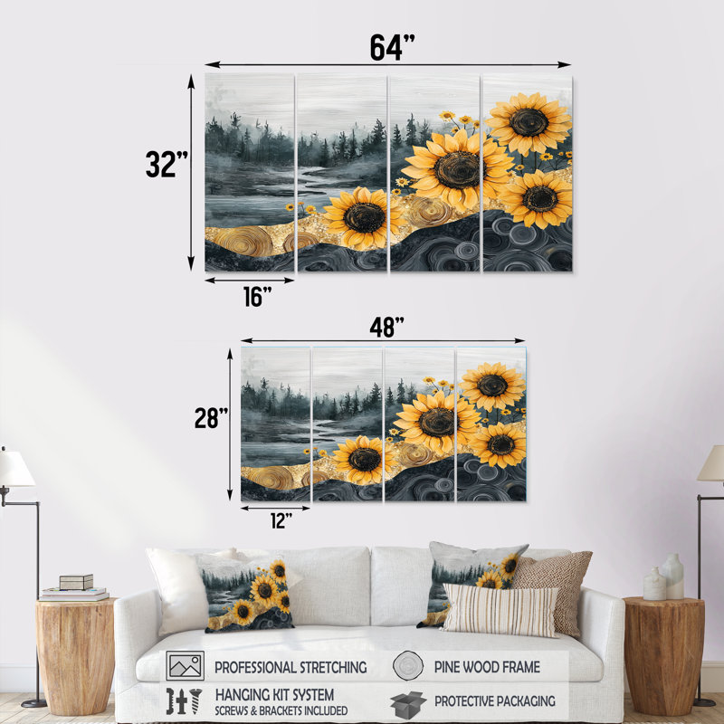 Sadia - art mural tournesols - art mural traditionnel, toile 4 pièces, H 32 po x l 64 po