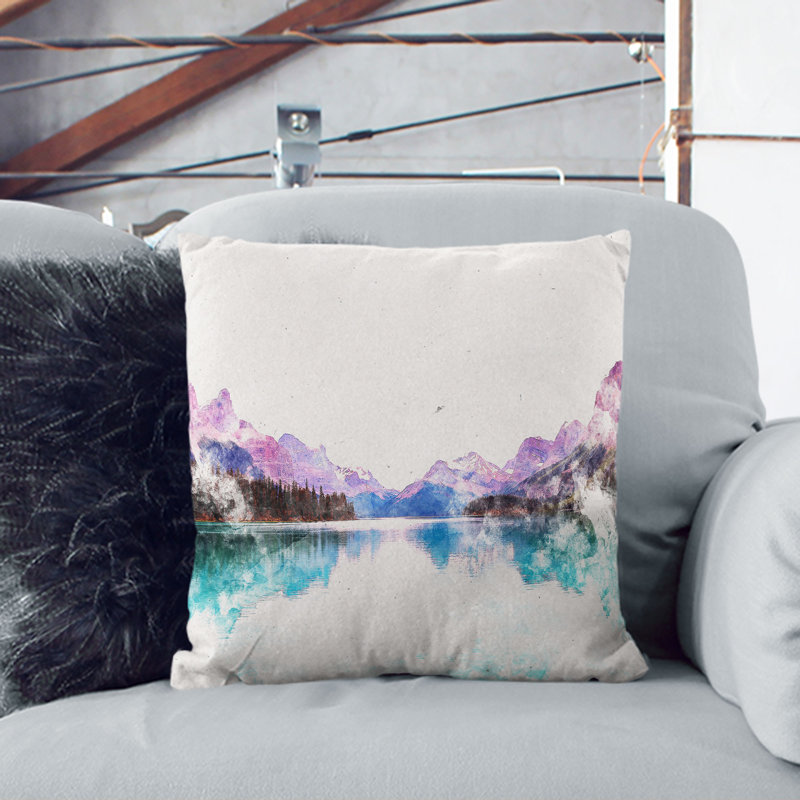 Maligne Lake Scene in Canada Watercolour Cushion with Filling, White, 40cm H x 40cm W x 15cm D