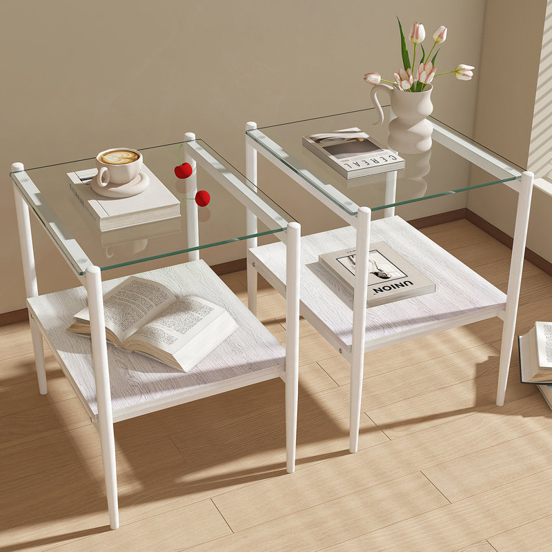 Ensemble de 2 tables de bout rectangulaires, plateau en verre trempé avec panneau de fibres à densité moyenne, Blanc