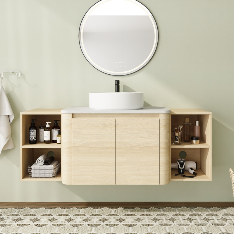 Meuble-lavabo simple mural 54 po avec plateau en pierre reconstituée et portes à fermeture en douceur 54 po