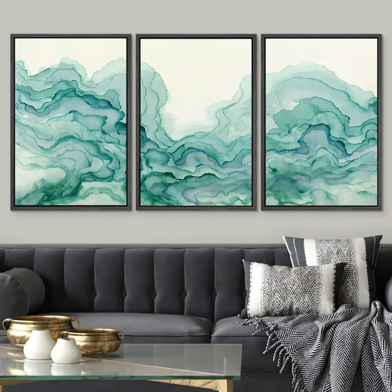 Smoke Effect " IDEA4WALL Framed Canvas Print Wall Art Set Vibrant Teal Smoke Geometric Collage Abstract Shapes Illustrations Modern Art Decorative Nordic Zen Chic For Living Room, Bedroom, Office " 3 - Pieces