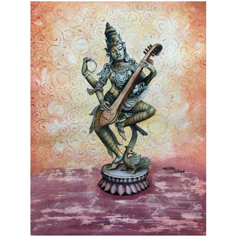 Saraswati dansant | Aquarelle avec cadre | Par Nisha Singh