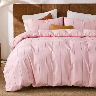 Pink Striped Duvet Cover Set King Size - 100% Cotton Bedding Set with Wide Zipper & 8 Corner Ties, Soft Breathable Bedding Set Elegant Pastel Comforter Cover for All Seasons