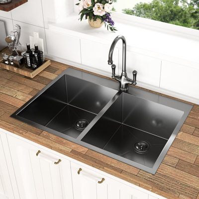 Évier de cuisine 33 po x 22 po en acier inoxydable noir de calibre 18, cuve hygiénique au fini acier