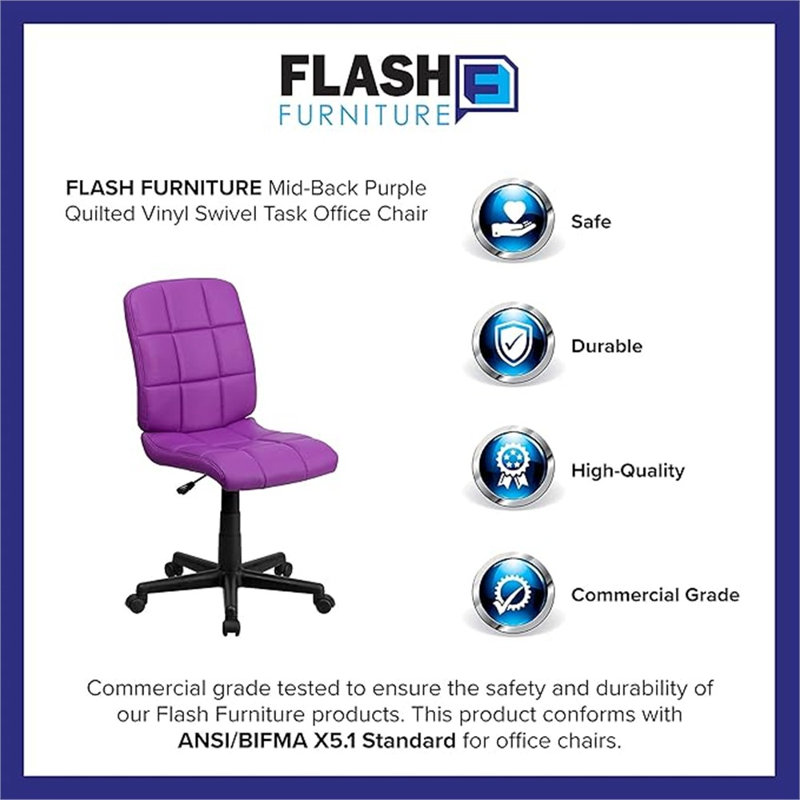 Fauteuil de bureau rotatif en vinyle matelassé à dossier moyen Flash Furniture Clayton, Mauve