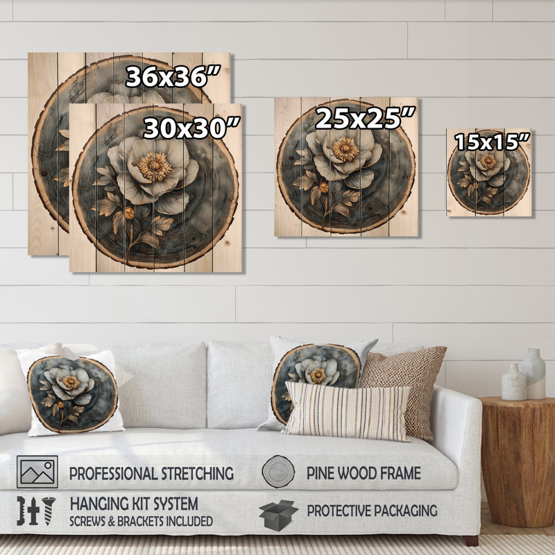 Agate pivoines, glissade sur bois - impression de pivoines sur bois de pin naturel, H 15 po x l 15 po x P 0,78 po