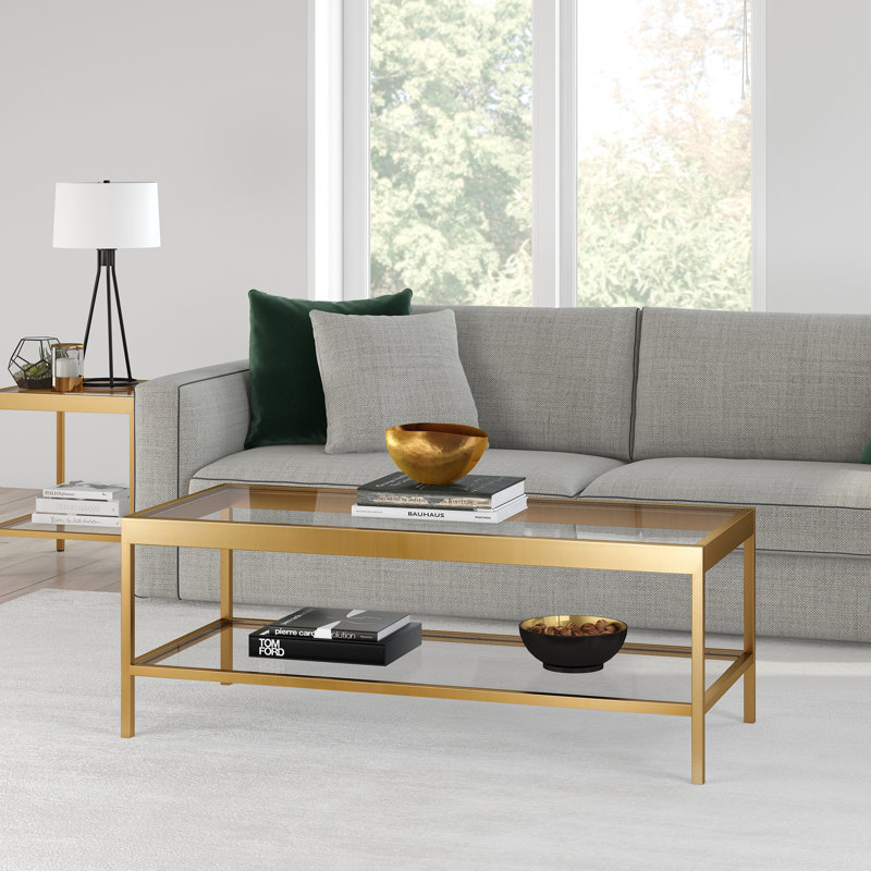 45" Wide Glass Top Coffee Table with Open Lower Shelf — Brass Modern Metal Centre Table for Living Room | Cleo, Brass