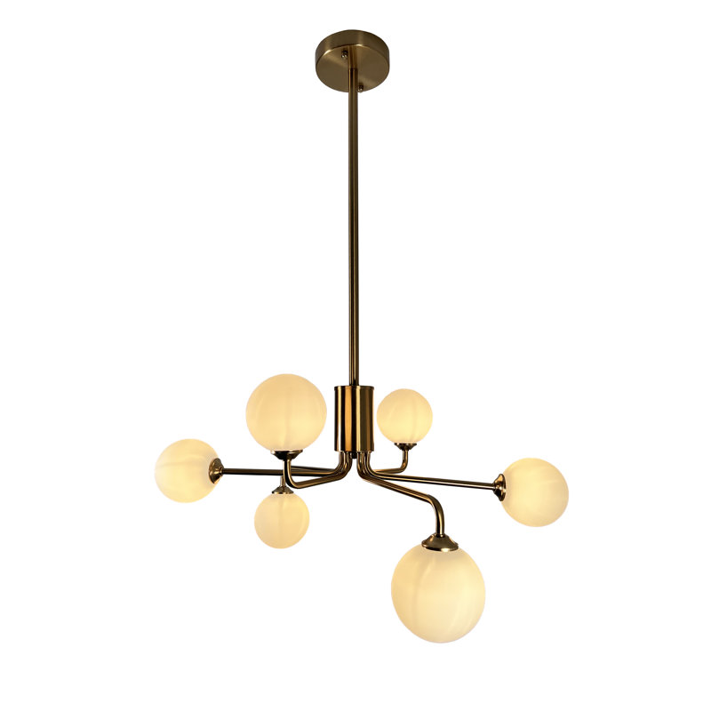 Lustre en cristal 6 lumières en laiton avec globes blancs Crystal-Rose