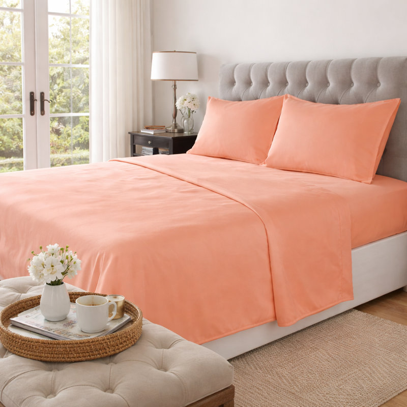 4-Piece Bed Sheet Set | Burnt Coral | Cotton Rich Bed Sheet Set | Queen Size | Anti-Microbial, Burnt Coral