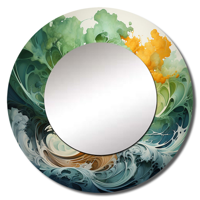Savannha Redwood Tree Symphony of Green Orange - miroir mural unique Redwood, miroir rond rouge, impression d'art en métal