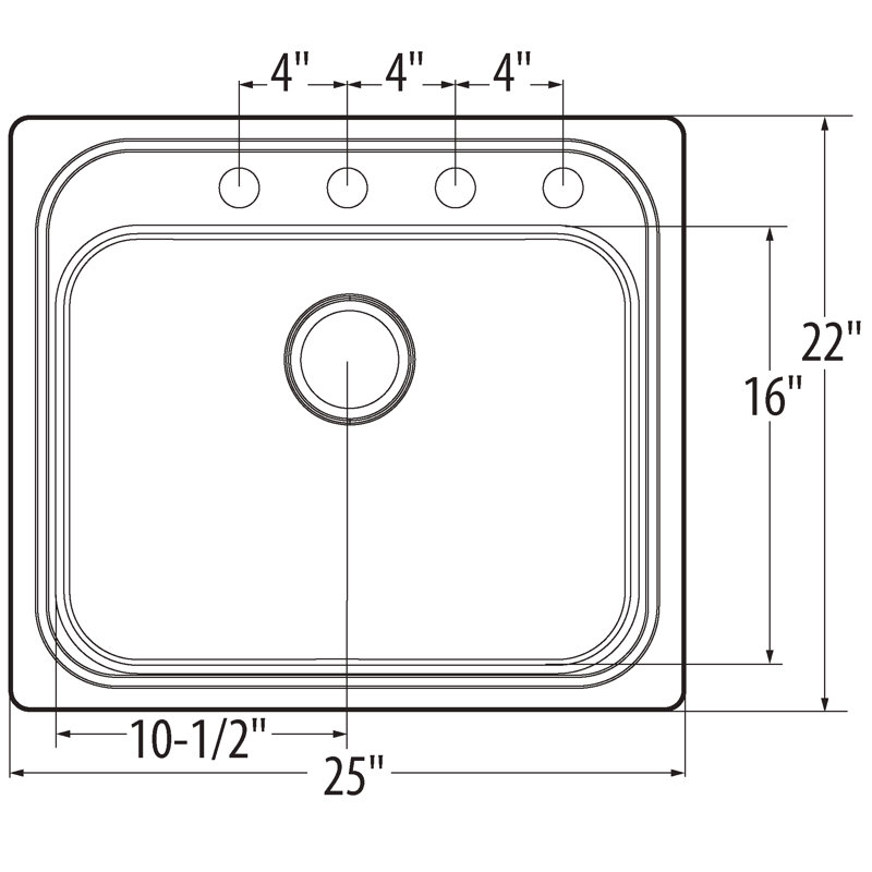 2000 Series 25" x 22" Drop-In Kitchen Sink, 4 Hole, Rear