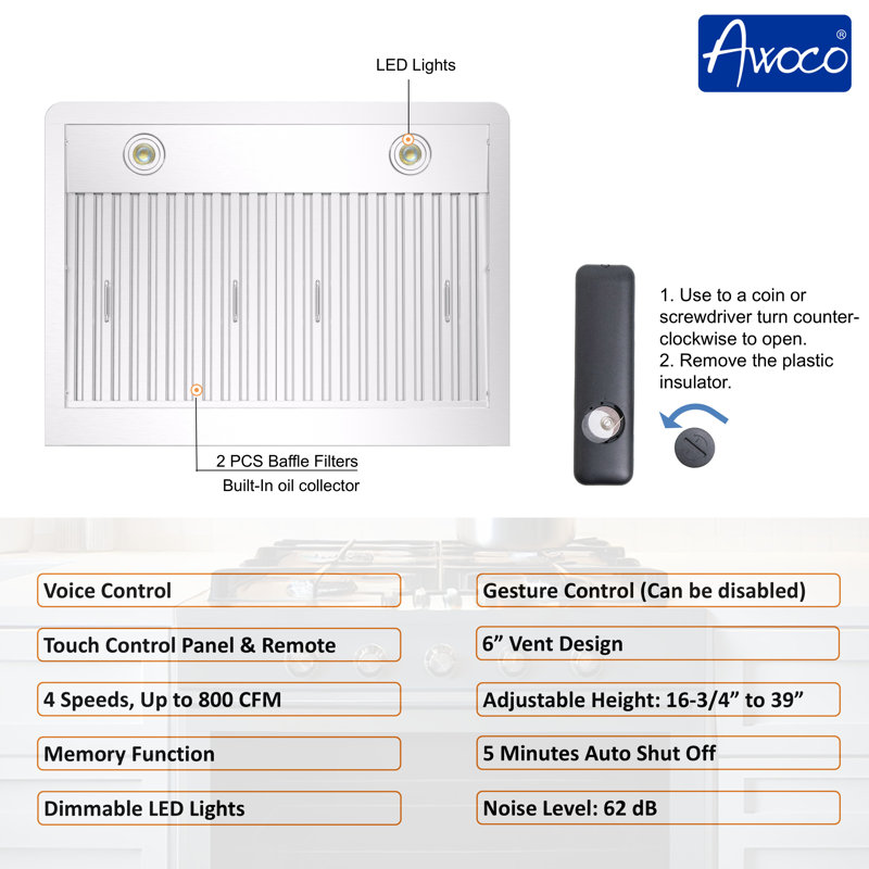 Awoco 30" 1000 CFM Ducted Wall Mount Range Hood In Stainless Steel With Voice/Gesture/Touch Control
