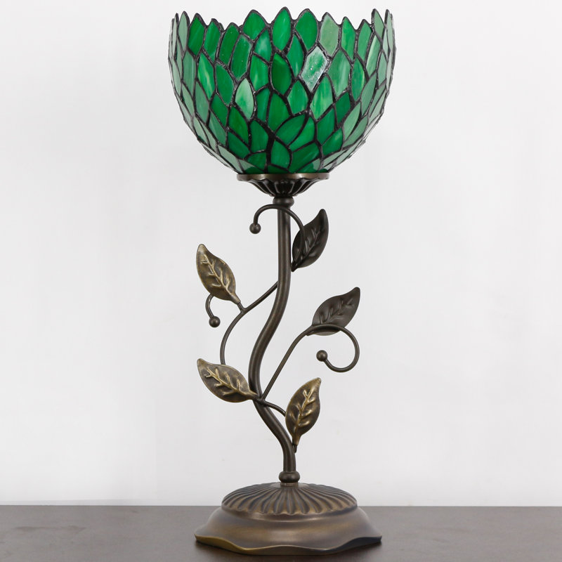 Tiffany Lamp Stained Glass Table Lamp Uplight Accent Lamp with Metal Leaf Base Green Wisteria Style