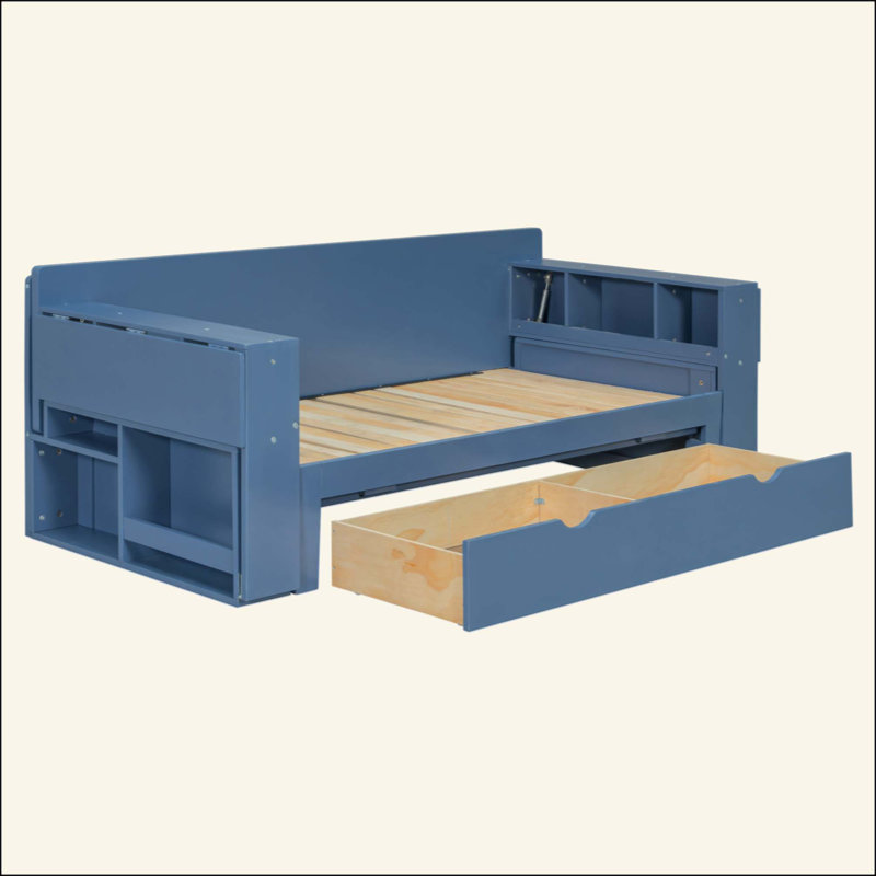 Lit de jour avec bureau amovible, tiroirs de rangement et table d'appoint hydraulique, Bleu, Double