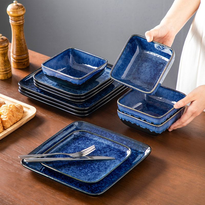 12 Piece Stoneware Dinnerware, Ceramic Tableware Set Including Dinner Plates, Desserts Plate And Bowls, Service For  4 People, Square Plate And Bowl