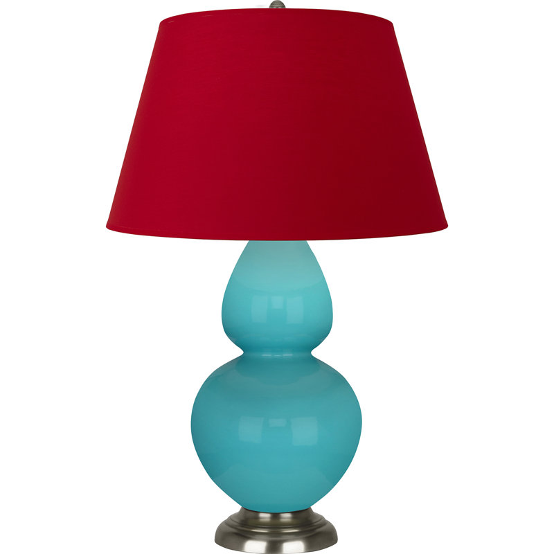 Lampe de table double gourde en céramique, Bleu œuf émaillé / argent antique, Blanc cassé, Argent argent