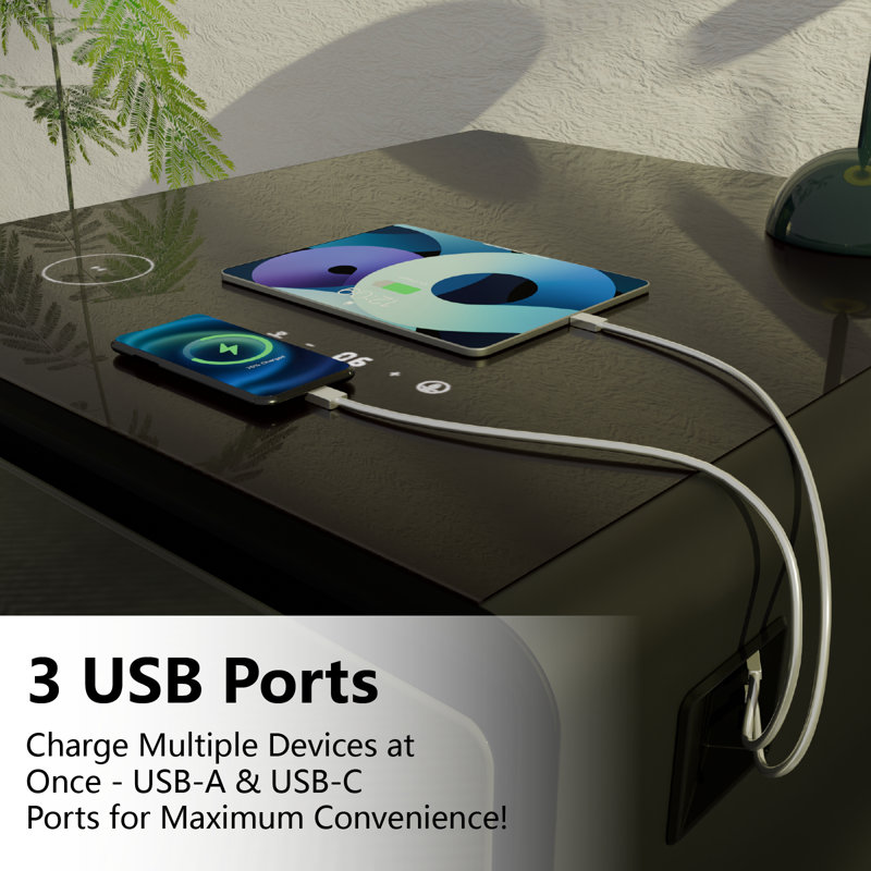 Black High Gloss Smart End Table with Fridge Drawer and Charging Station