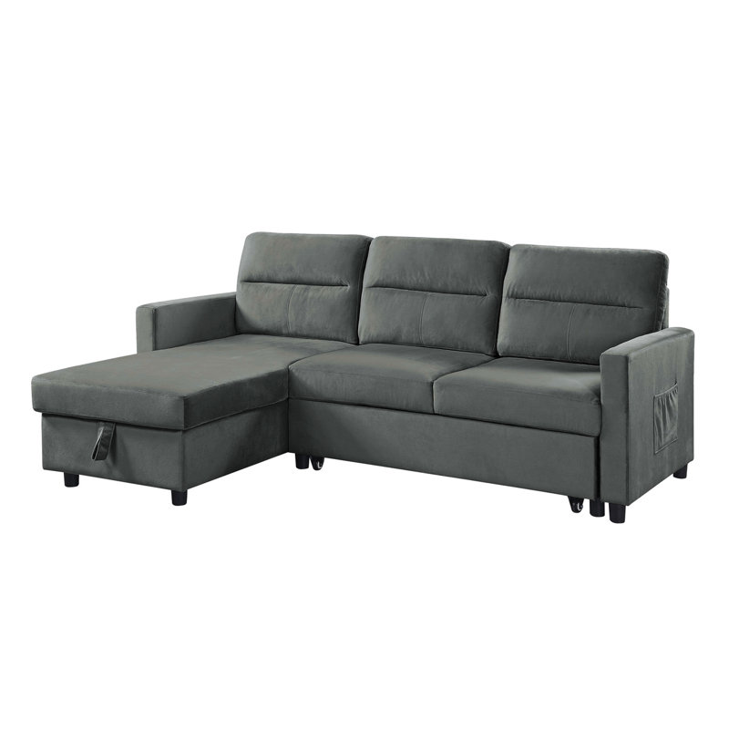 81.5"W Velvet Reversible Sleeper Sectional Sofa With Storage Chaise And Side Pocket, Gray Velvet