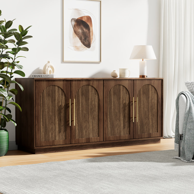 Buffet moderne avec rangement, buffet de 59,1 po avec portes arquées cannelées et tablettes réglables, console multimédia modulaire en bois pour la salle à manger, la cuisine, le salon et le vestibule