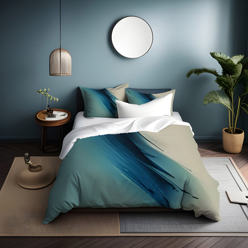 Polyester Abstract Duvet Cover, Twin Duvet Cover + 1 Queen Sham, Teal/Blue Abstract 2 