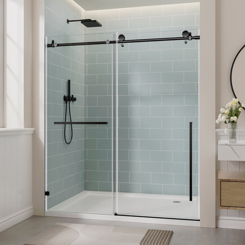 56"-60" W X 78" H Frameless Design Single Sliding Opening Shower Door  - Matte Black Bathtub Shower Door, 3/8" (10Mm) Clear Tempered Glass With Explosion-Proof Film, Stainless Steel Handle