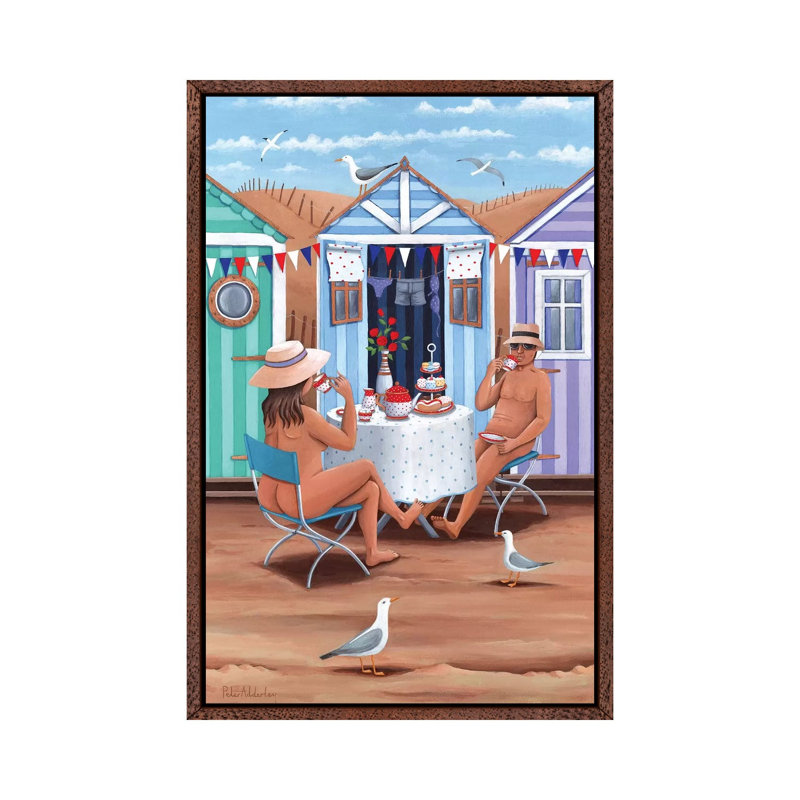 Beach Huts Afternoon Teas by Peter Adderley - Print on Canvas, Classic Brown Wood Framed, 66.04 cm H x 45.72 cm W
