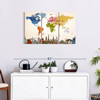" Vintage Hues World Map " 3 Piece Art Set