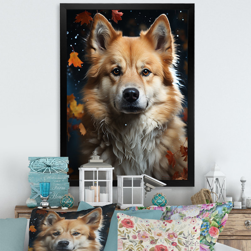 Chien Akita Aurora II sur toile, Cadre simple noir, H 40 po x l 30 po x P 1,5 po