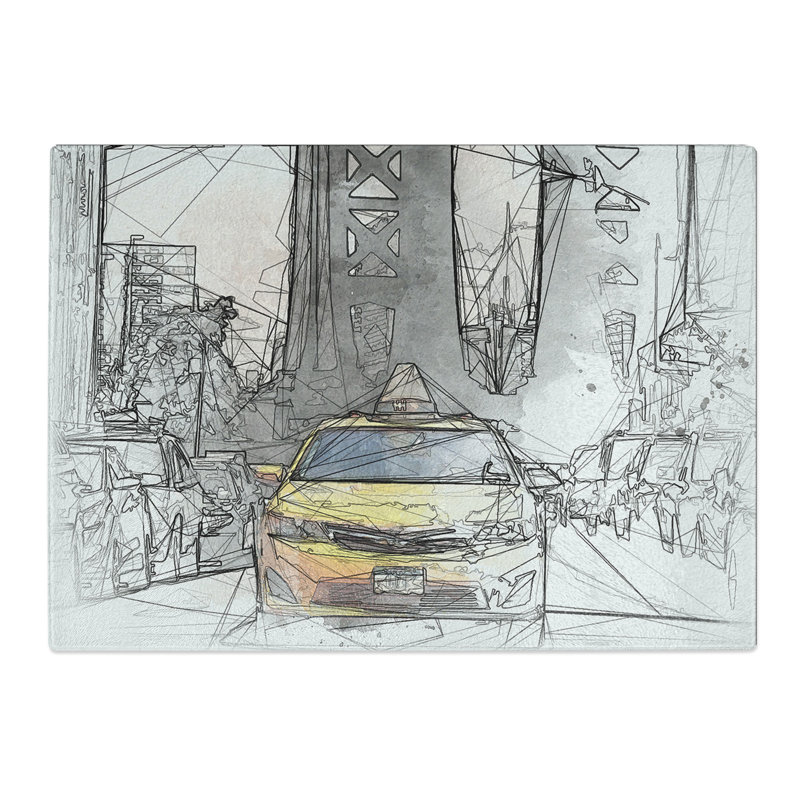 Tempered Glass Taxi Cab in New York City Sketch Chopping Board, 28.5 cm x 39 cm
