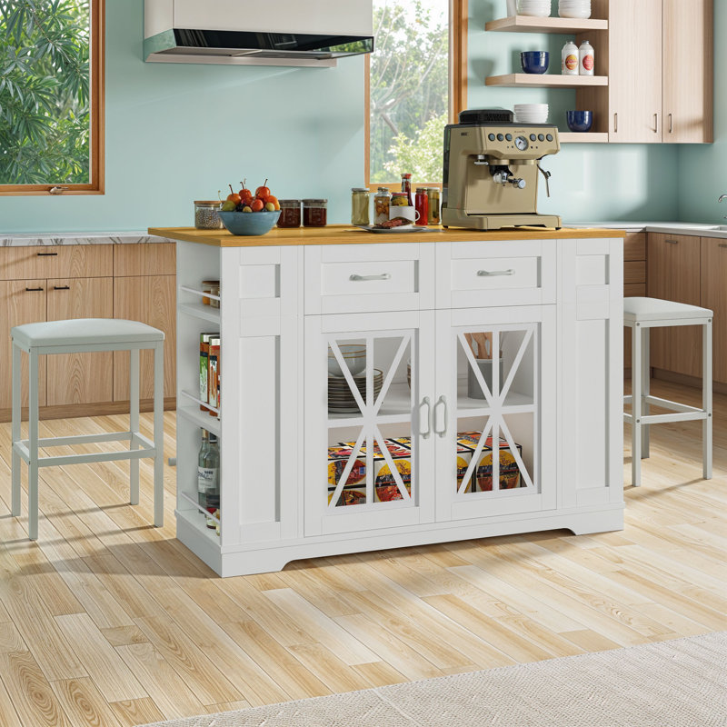 47" Large Portable Kitchen Island Dining Bar Kitchen Table with Drop Leaf and 2 Stools, White/Oak Wood