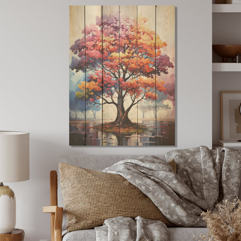 Érable vif aux couleurs vives - érable sur bois, art sur bois de pin naturel, H 40 po x l 30 po