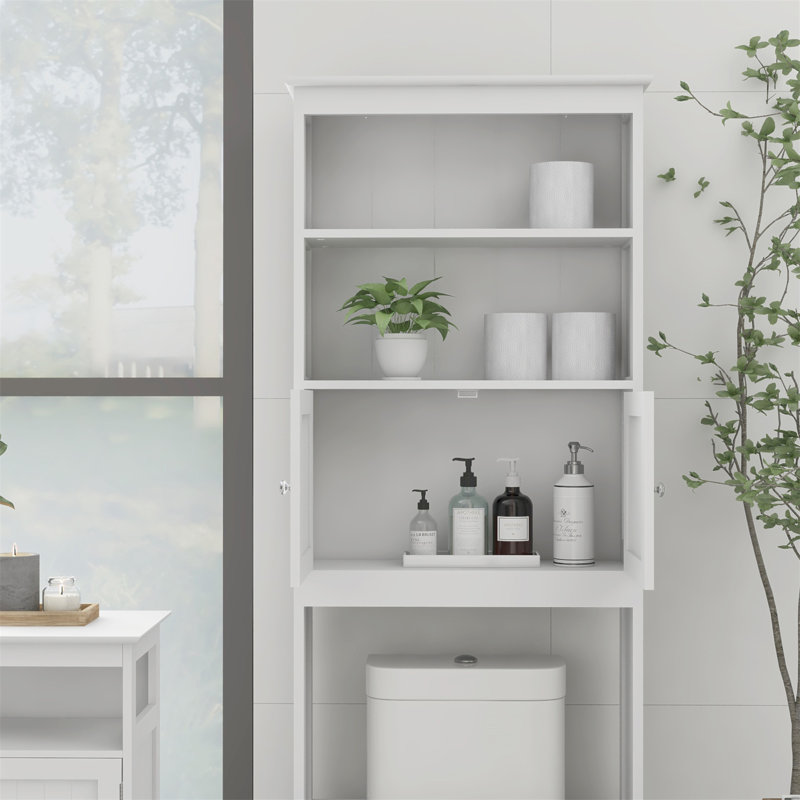 White Over-the-Toilet Storage Rack with Doors and Shelves