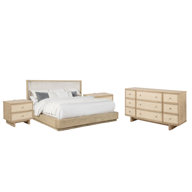 Keira Beige Oak Queen 4-Piece Bedroom Set, 4 Pcs: Bed, Chest, 2 Nightstands