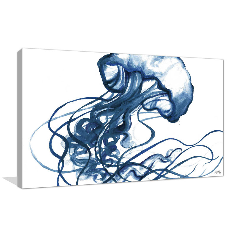 «Jelly Fish in Blue», reproduction de peinture à l'aquarelle, H 18 po x l 30 po x P 1 po, Toile tendue
