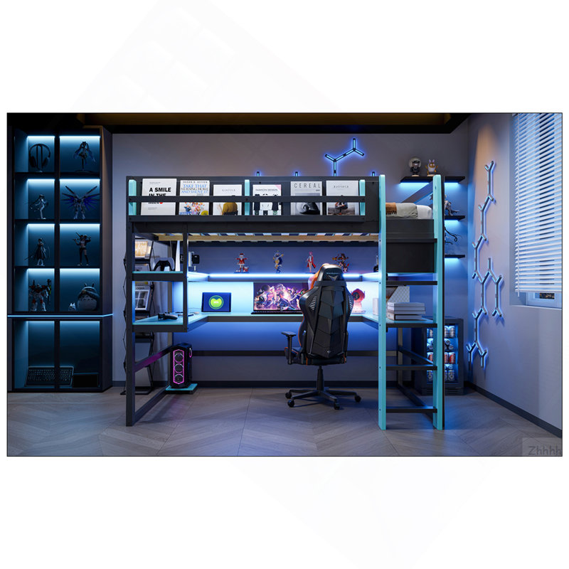 Lit mezzanine double en bois avec bureau, support de rangement latéral, tablettes multiples et lumière RVB, bleu nuage, Bleu