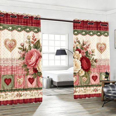 Lot de 2 rideaux occultants à patchwork de cœurs floraux, style cottage romantique, thermiques et insonorisants, parfaits pour la décoration de la chambre et du salon. Accessoires de décoration intérieure.