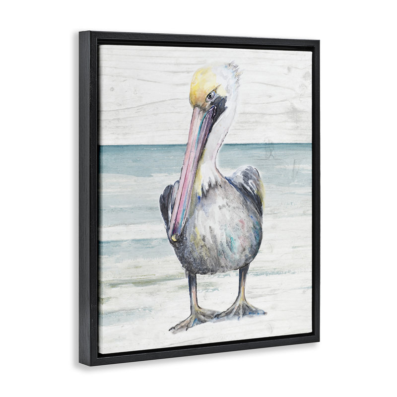 Pélican debout sur la plage, Cadre flottant noir de jais, 31" H x 25" W