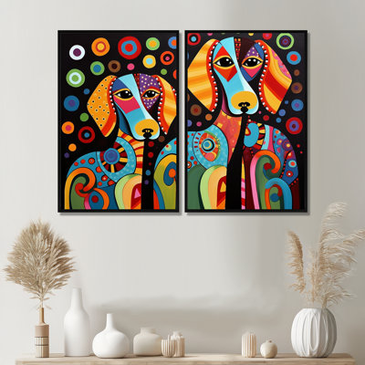 Portrait de deux teckels rétro géométrique - art mural multicolore