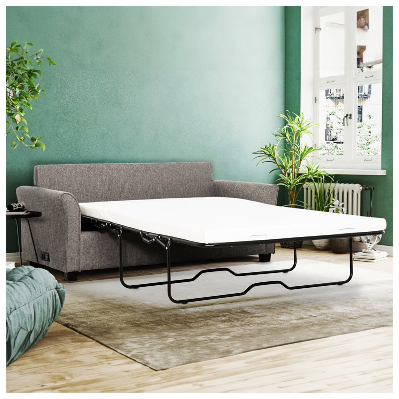 Canapé-lit convertible moderne avec ports USB, revêtement en lin gris foncé et structure en métal